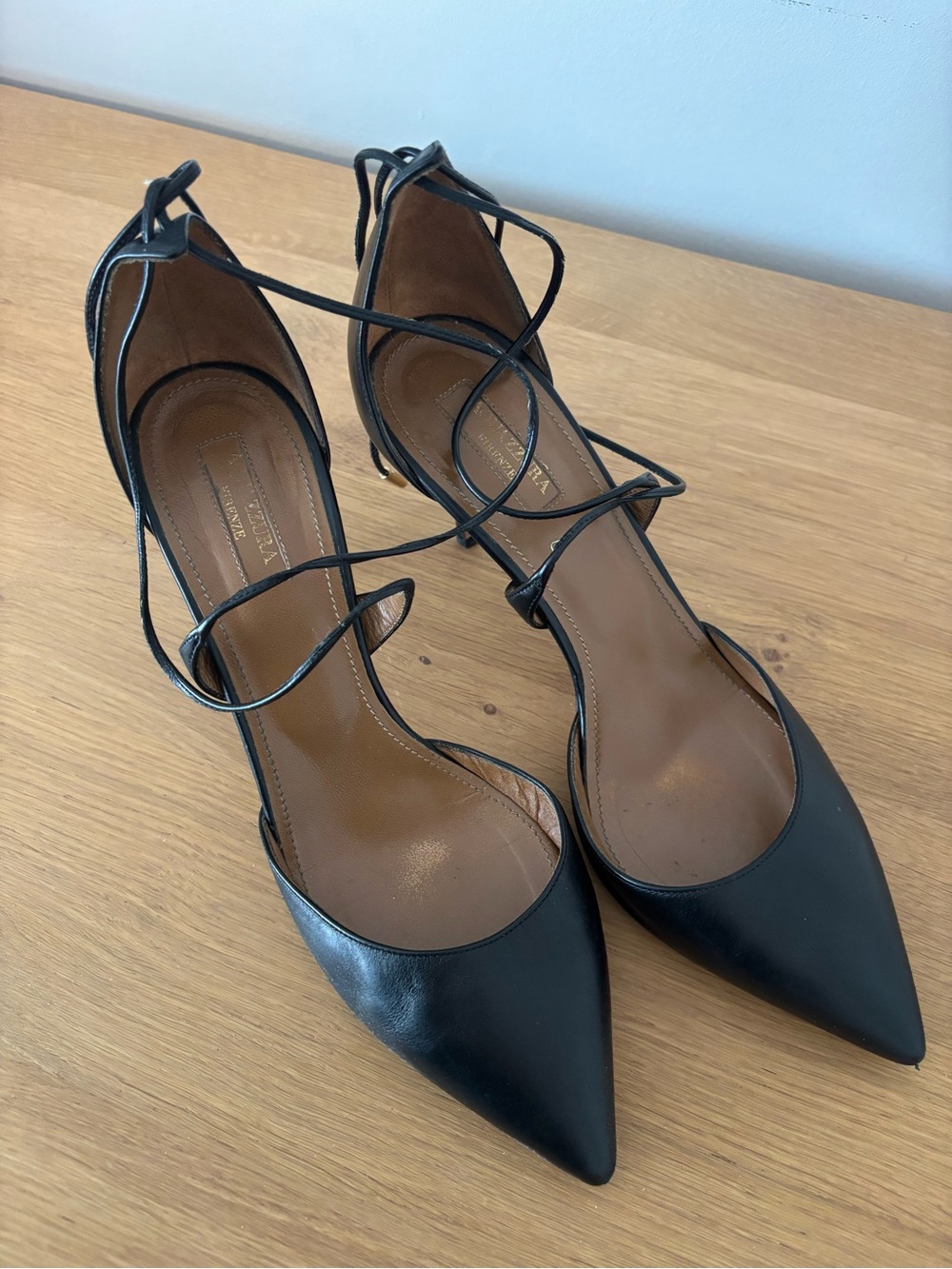 Aquazzura Black Pointed-Toe Lace-Up Heels